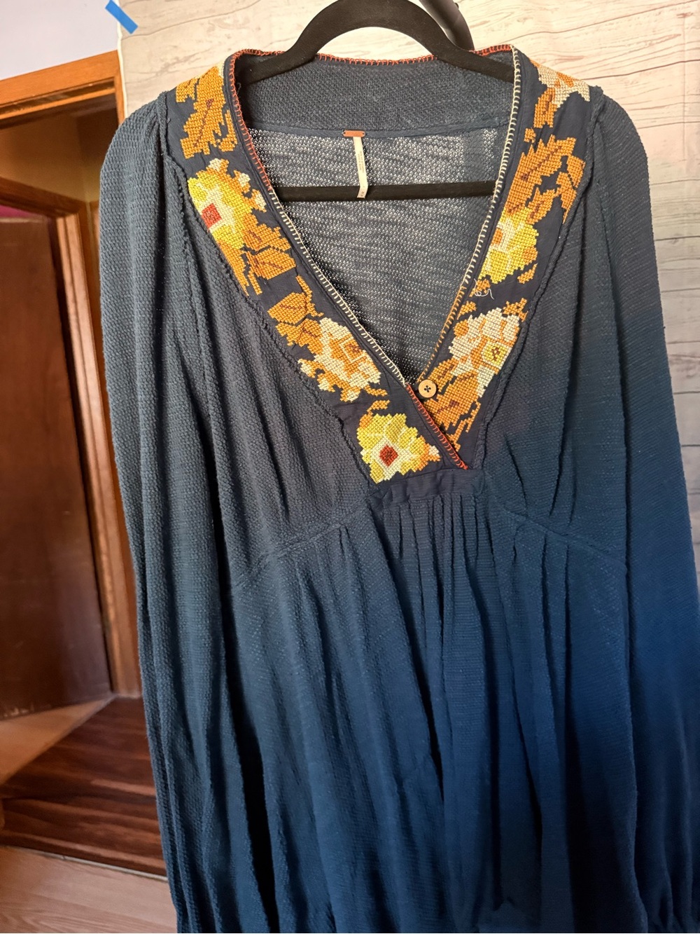 Free People Navy Tunic with Mustard Floral Embroidered V-Neck